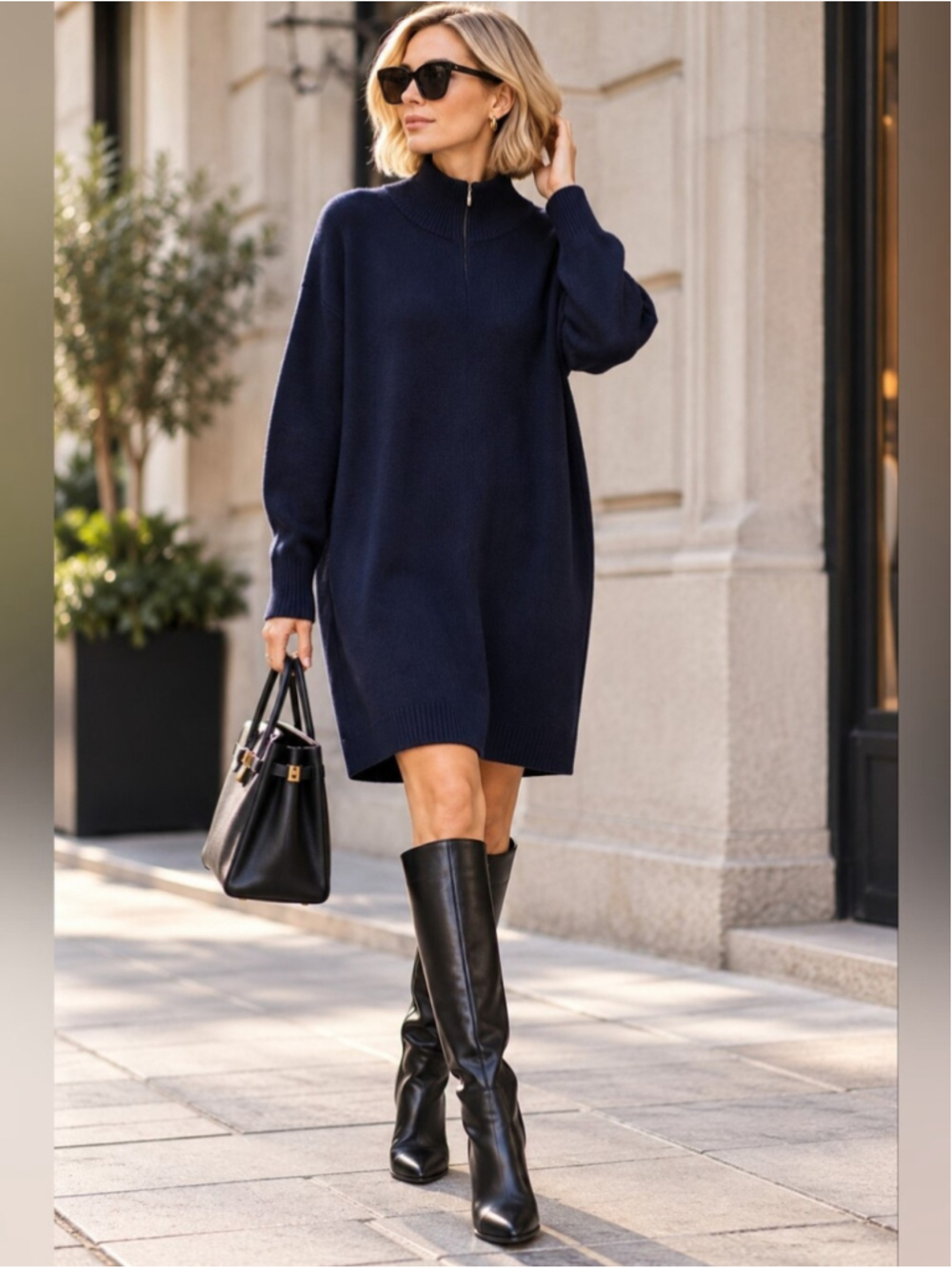 Club Monaco Navy Wool Blend Half Zip Oversized Sweater Dress L